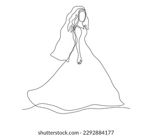 abstract bride, a girl without a face in a long dress with a veil Continuous One Line Drawing