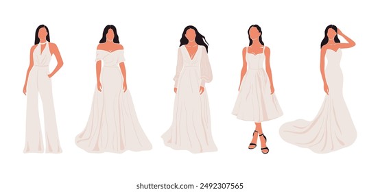 Abstract bride silhouette set. Modern woman portraits in wedding dress, romantic married girls in love fashion minimal trendy style. Vector collection.