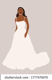 Abstract bride in wedding dress card isolated on light background. Fashion minimal trendy african american black woman in cartoon flat style. Trendy poster wall print decor vector illustration