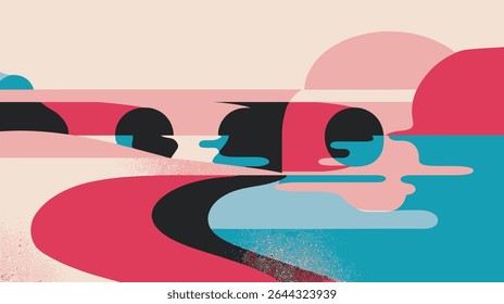 Abstract bridge spans water stylized scenic landscape colorful design detail