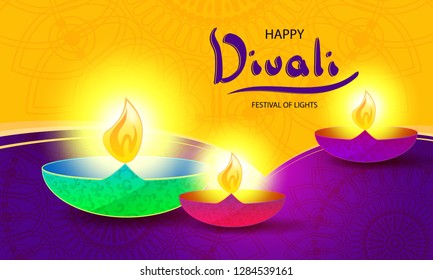 Abstract bright background or banner design with realistic oil lamp on purple and yellow background for happy Diwali Festival celebration vector illustration with mandala design