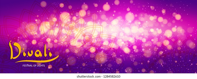 Abstract bright background or banner design with realistic oil lamp on purple and yellow background for happy Diwali Festival celebration vector illustration with mandala design