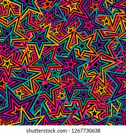 Abstract bright background. Color geometric mosaic. Seamless vector pattern in modern style. Nested stars of alternating colors. Template for cover design or festive wrapping. Repeating pattern.