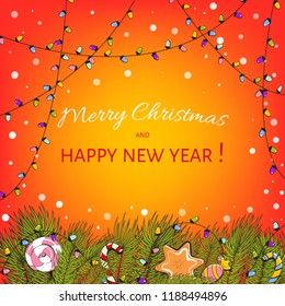 Abstract bright background with congratulations. Happy new year and christmas. Color vector illustration for decorating postcards, posters.