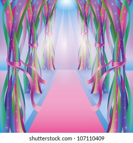 Abstract bright background with decorations, colorful ribbons and carpet, vector illustration