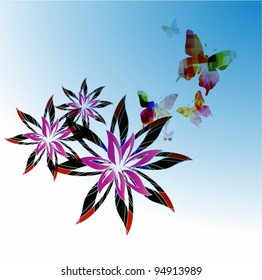 abstract bright background with flower and butterflies