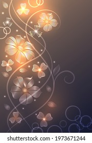 Abstract bright background. Glowing flowers and flowing lines on a gradient background.