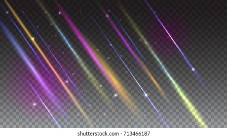 Abstract bright background with moving light rays and lens flare in soft focus. Dynamic digital, technology backdrop for breaking news or cover. 3D illumination effects on transparent backdrop