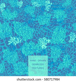 Abstract bright background seamless pattern hand-drawn vector illustration of dry earth cracks, animals skin, camouflage, cover-up, coral reef, nature. Abstract water bottom in blue color.