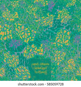 Abstract bright background seamless pattern hand-drawn vector illustration of earth, animals skin, camouflage, cover-up, coral reef, jungle, nature. Abstract bottom in bright green orange color.