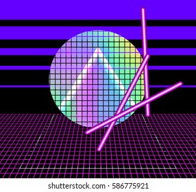 Abstract bright background in the style of the 80s, rainbow and neon elements on black background. Vaporwave, aesthetic. Stylized cover of video cassettes. Illustration Vector EPS 10