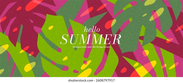 Abstract bright background with tropical leaves. Tropical forest design with monstera leaves. Minimalist style design templates for banner, card, ads, branding, cover, label, poster, sales, wall art.