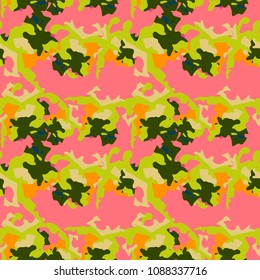Abstract bright background as UFO camouflage. Seamless repeat red and different shades of green and yellow pattern usable as camo, wallpaper, backdrop or for print for textile or wrapping paper