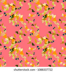 Abstract bright background as UFO camouflage. Seamless repeat red and different shades of green and yellow pattern usable as camo, wallpaper, backdrop or for print for textile or wrapping paper