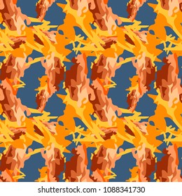 Abstract bright background as UFO camouflage. Seamless repeat blue, red, orange and yellow pattern usable as camo, wallpaper, backdrop or for print for textile or wrapping paper