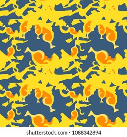 Abstract bright background as UFO camouflage. Seamless repeat blue, orange and yellow pattern usable as camo, wallpaper, backdrop or for print for textile or wrapping paper