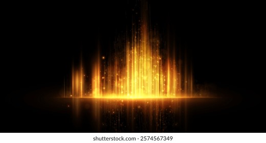Abstract bright background with vertical glow of golden light. Bright light flickering of vertical light on dark background. Effective style for web design and colorful illustrations. Vector