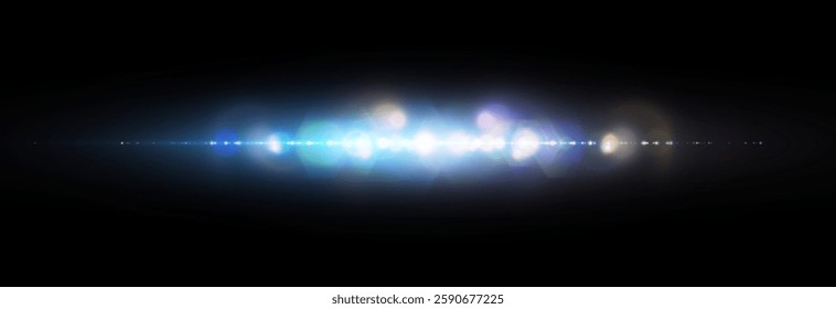 Abstract bright beam of blue light explodes with bright glow in horizontal projection. Flash of bright blue light on transparent background.