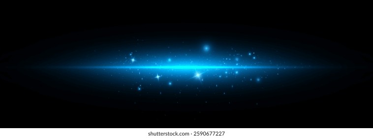 Abstract bright beam of blue light explodes with bright glow in horizontal projection. Flash of bright blue light on transparent background.