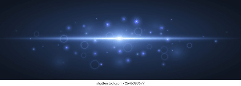Abstract bright beam of blue light explodes. Flash of bright blue light. Glowing line with dust. EPS 10 on transparent background.