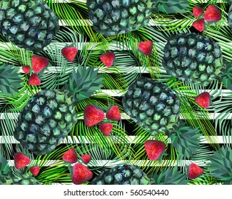 Abstract bright  berries, pineapples and palm leaves , seamless pattern, art, fashion, textile texture, print, card, paper, wrapper, fabric, low poly style