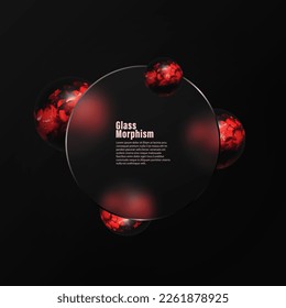Abstract bright and black sphere on round transparent glass with black background. Dark glass morphism background with space for text.