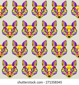 Abstract bright blended colored polygonal triangle geometric fox  isolated on beige cover seamless pattern background for use in design