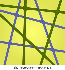 Abstract bright blue and dark green colors stripes cross on light yellow backdrop. Vivid layout 3d effect pattern thick lines Simple modern template with grid tapes elements on different levels layers