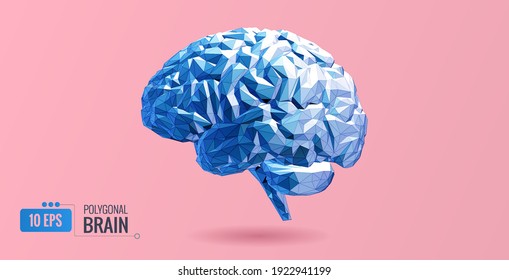 Abstract bright blue low polygonal human brain side view vector illustration isolated on pink background