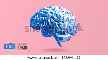 Abstract bright blue low polygonal human brain side view vector illustration isolated on pink background
