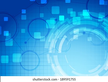 Abstract bright blue technology connection background - with circles representing gears and lines. Vector illustration