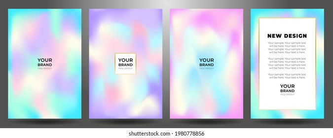 Abstract bright blurred bokeh holographic design set, vector illustration. Neon light, night view, close-up. Purple, blue, yellow, pink background.