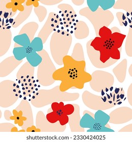 Abstract Bright Bold Flower Seamless Pattern. Colorful Organic Floral Shapes Creative Print. Simple Vector Illustration. Trendy Bold Daisy Pattern for Wallpaper, Wrapping Paper, Packaging.