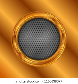 Abstract bright bronze circle on dark perforated metallic texture. Vector background