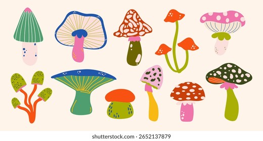 Resumo brilhante conjunto retro de cogumelos de desenho animado. Elementos de design de outono bonito desenhado à mão para cartões de saudação, adesivos, distintivos. Mistério e fantástica coleção de fungos