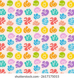 Abstract bright cheerful pattern with swirls. Summer seamless print. Vector.