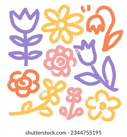 Abstract Bright Childish Flowers Set. Colorful Organic Floral Bold Shapes Creative Print elements. Vector textured Illustration. Trendy Tiny Daisy, rose, bell for Wallpaper, Wrapping Paper, Packaging.