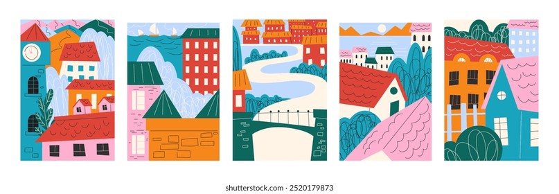 Abstract bright city and village posters. Landscape and scenery, minimalist houses in Scandinavian style. Old architecture, apartment buildings. Vector banners in cartoon style