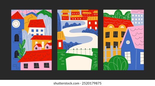 Resumo dos cartazes brilhantes da cidade e da aldeia. Paisagem e cenário, casas minimalistas em estilo escandinavo. Arquitetura antiga, prédios de apartamentos. Banners vetoriais em estilo cartoon