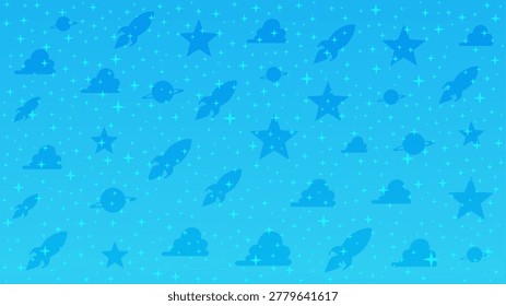 Abstract Bright Cloud, Rocket, Star and Planet Cartoon on Blue Sky Background. Cosmic display wall illustration. Vector seamless texture for interior, decorative, banner, cover, card.