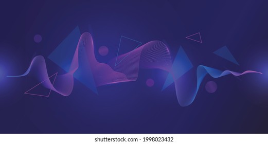 Abstract bright color dynamic waves, lines, triangles and particles on dark background, vector illustration