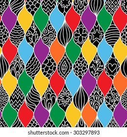 Abstract bright color seamless vector pattern. Endless doodle scale background. Can be used for cards, invitations, fabrics, wallpapers, scrap-booking, ornamental template for design and decoration. 