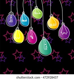 Abstract bright colored disco light bulbs hanging from above creating a party atmosphere