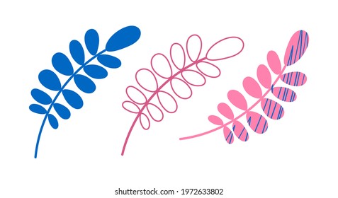 Abstract bright colored twigs of leaves vector illustration in a flat style, isolated elements on a white background. Children's illustration for postcards, posters, clothing, decoration.