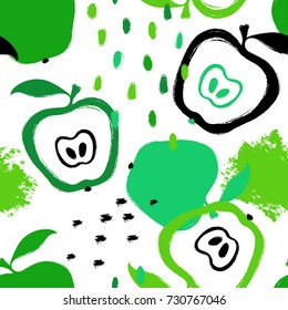 Abstract Bright Colorful Apple Seamless Pattern. Hand Drawn Brush Grunge Fruit Background.