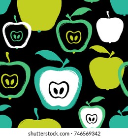 Abstract bright colorful apple seamless pattern. Hand drawn brush grunge fruit background.