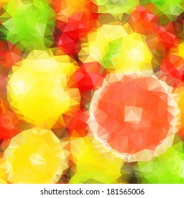 Abstract bright colorful background with citrus fruit, triangular geometric style