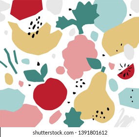 Abstract bright colorful background with fruits in paper cut style. Hand drawn exotic fruit and shapes. Vector print design for packaging design, brand design, poster, card