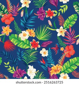 Abstract bright colorful beach summer tropical big leaves hibiscus floral flowers illustration background seamless pattern repeat print textile fabric vector artwork