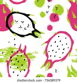 Abstract bright colorful dragon fruit seamless pattern. Hand drawn brush grunge exotic asian fruit background.